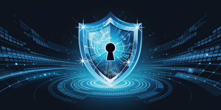 Cyber security concept. Shield with keyhole on digital background. Vector illustrationの素材