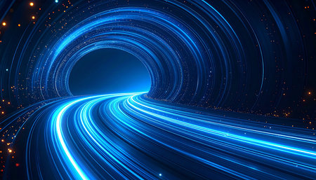 abstract blue light trails on a dark background, computer generated imagesの素材