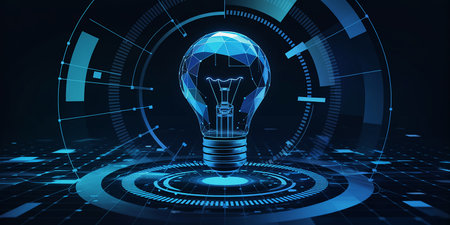 Abstract glowing light bulb on blue background. Idea concept. 3D Renderingの素材