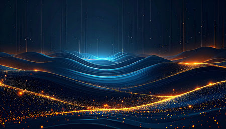 Futuristic technology wave background with glowing lines. Vector illustration.の素材