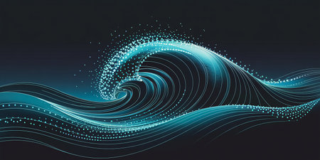 Abstract blue wave on dark background. Vector illustration. Futuristic technology style.の素材