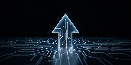 Glowing arrow on circuit board background. Success and technology concept. 3D Renderingの素材