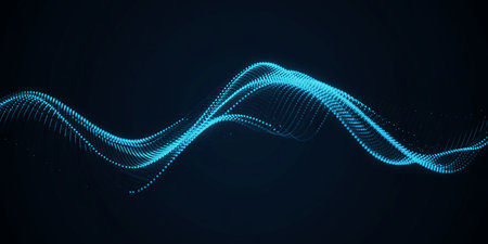 Futuristic technology wave with glowing particles. Vector abstract background.の素材