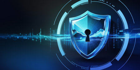 Cyber security concept. Shield with keyhole on dark background. 3D renderingの素材