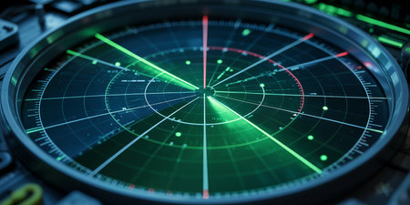 Close up view of a blue and green radar screen. 3D renderingの素材