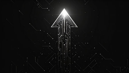 Abstract digital arrow on dark background. Technology and innovation concept. 3D Renderingの素材
