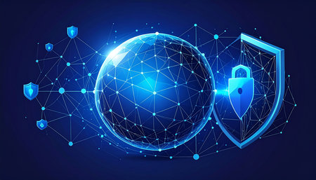 Cyber security concept. Shield and padlock on blue background.の素材