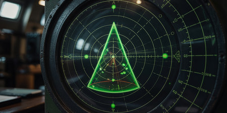 Close up of a green radar screen with a green triangle in itの素材