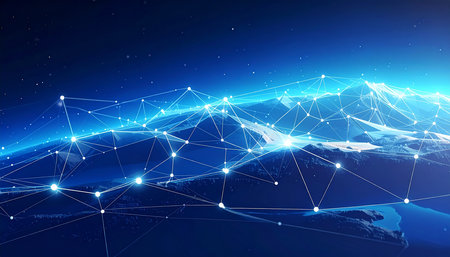 Abstract polygonal space low poly dark blue background with connecting dots and linesの素材