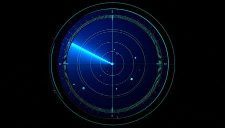 Abstract blue radar screen on black background. 3d render illustration.の素材