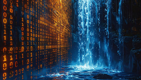 Futuristic technology background with binary code. 3d illustration.の素材
