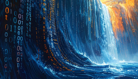 Digital data flow. Binary code on the blue background. 3d renderingの素材