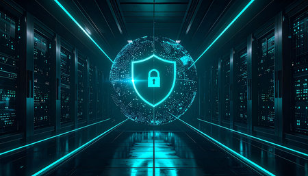 Cyber security concept with padlock hologram and server room background 3D renderingの素材