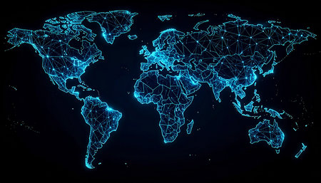 Abstract polygonal world map on dark blue background. Vector illustration.の素材