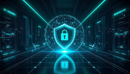 Cyber security concept with padlock icon on blue background 3D renderingの素材