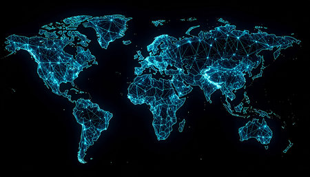 Global network connection. Polygonal digital world map on dark backgroundの素材