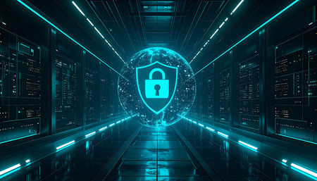 Futuristic server room with padlock icon on blue background 3D renderingの素材