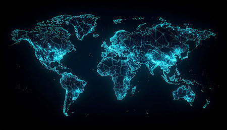 Abstract polygonal world map on dark background. Vector illustration.の素材