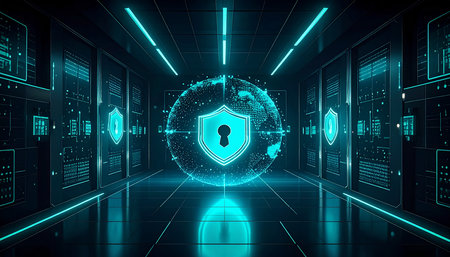 Cyber security hologram on blue background. 3d rendering toned image double exposureの素材