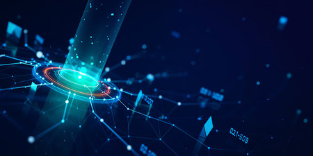 Abstract glowing polygonal dot connection on dark blue background. Technology concept. 3D Renderingの素材