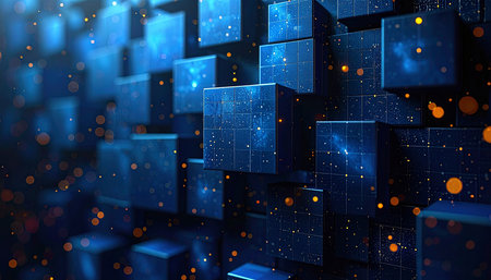 Abstract 3d rendering of blue cubes with light effects. Futuristic background.の素材