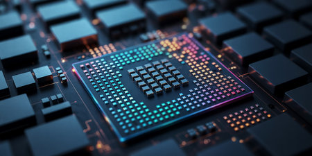 Close up view of a cpu in a dark room 3D renderingの素材