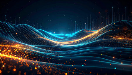 Abstract technology background with glowing particles. Big data visualization. 3D renderingの素材