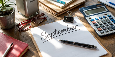 September word on a paper with office tools and a calculator on a deskの素材