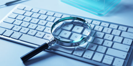 Magnifying glass on computer keyboard. Blue toned image with shallow DOFの素材