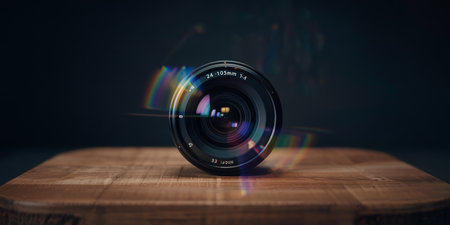 Camera lens on a wooden table. Selective focus. Shallow depth of fieldの素材