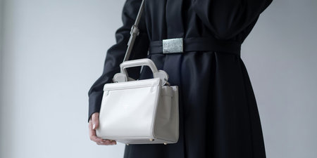 Fashionable women's handbag in a black dress on a gray backgroundの素材