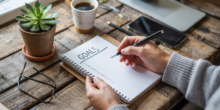 Female hand writing goals in notebook with cup of coffee on wooden tableの素材