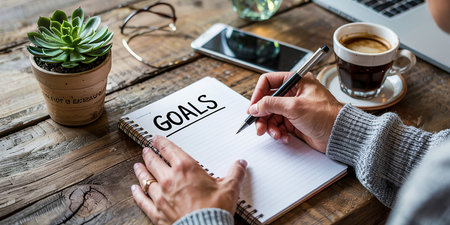Businesswoman writing goals in a notebook with a pen on a wooden tableの素材