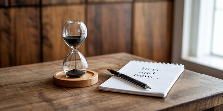 Hourglass and notebook on a wooden table. Time management concept.の素材