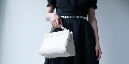 Woman in black dress with white clutch bag in hand on white backgroundの素材