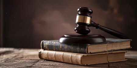 Law theme, mallet of judge, wooden gavel on old booksの素材