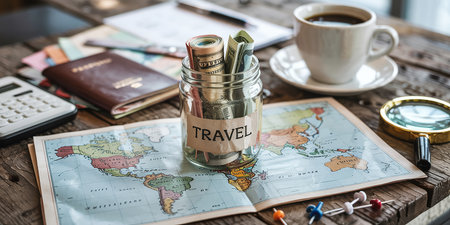 Travel concept. Money in the glass jar on the world map.の素材