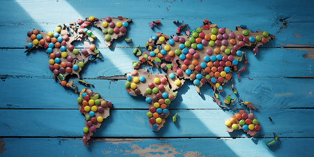 Conceptual image with world map made of balloons on wooden backgroundの素材
