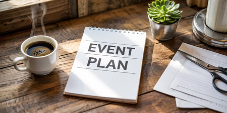 Event Plan Planning Event Occasion Meeting Concept. Notebook with text Event Plan on wooden table.の素材