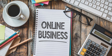 Online Business text on notebook with keyboard, calculator and coffee on wooden tableの素材