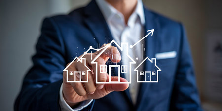 Real estate concept. Businessman on blurred background touching virtual screen with his fingerの素材