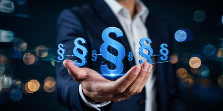 Businessman holding law paragraph symbol in his hand with bokeh backgroundの素材