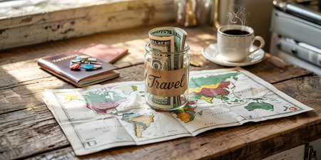 Coffee cup, passport, money and map on a wooden tableの素材