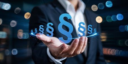 Businessman on blurred background holding law icons in his hand 3D renderingの素材