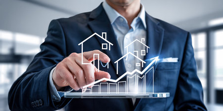 View of a Businessman holding a tablet with a real estate conceptの素材