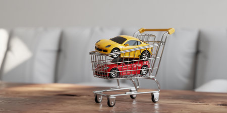 Toy car in shopping cart on the table. 3d rendering.の素材