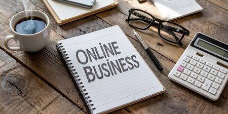 Online Business text on notebook with coffee, calculator and glasses on wooden table.の素材