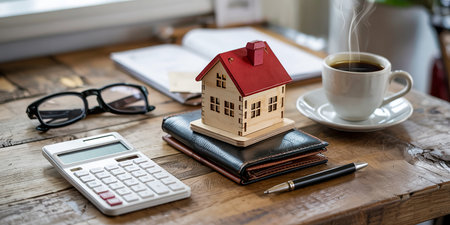 House model, coffee cup, notebook and eyeglasses on wooden tableの素材