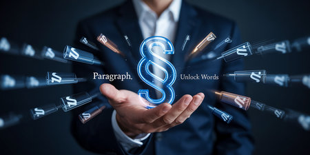 Businessman holding digital paragraph symbol in his hand. Lawyer services and legal services concept.の素材