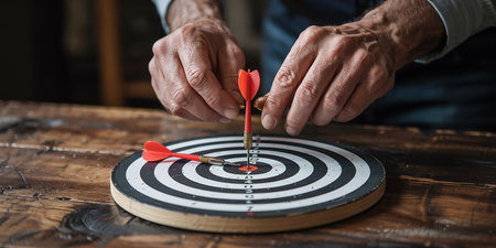 Close-up of a man's hand hitting a dartboard with a dartの素材